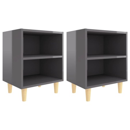 Comodini Gambe in Legno Massello 2 pz Grigio Lucido 40x30x50 cm