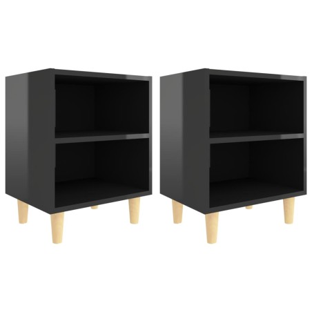 Comodini Gambe in Legno Massello 2 pz Nero Lucido 40x30x50 cm