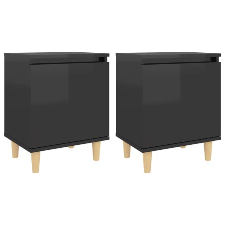Comodini Gambe in Legno Massello 2 pz Nero Lucido 40x30x50 cm