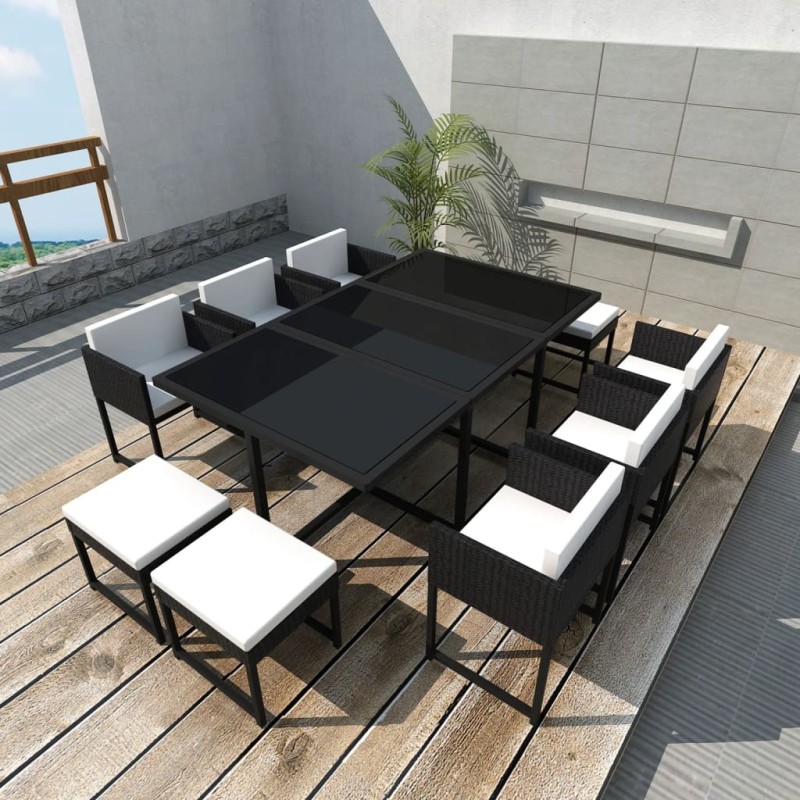 vidaXL Set da Pranzo da Esterno 11 pz con Cuscini in Polyrattan Nero vidaXL Set da Pranzo da Esterno 11 pz con Cuscini in Polyrattan Nero