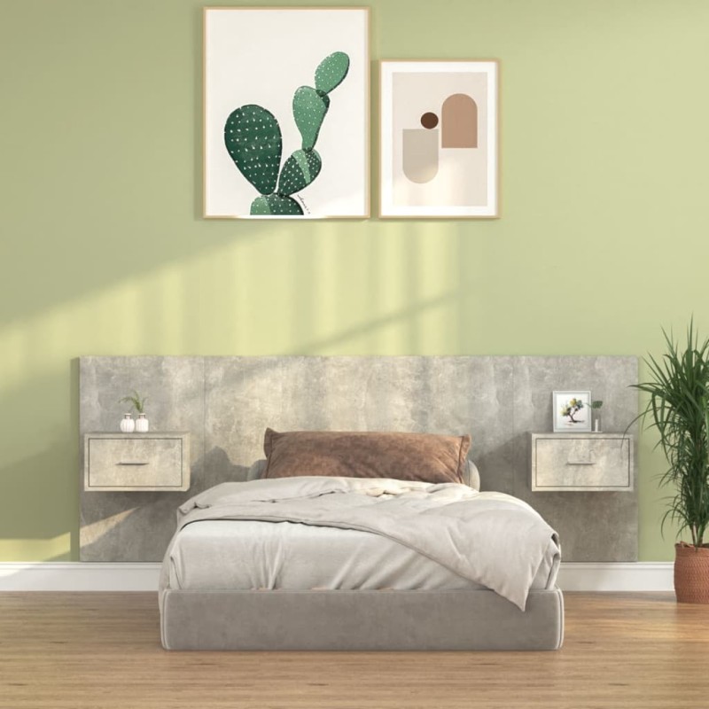 Testiera Letto con Comodini in Legno Multistrato Grigio Cemento Testiera Letto con Comodini in Legno Multistrato Grigio Cemento