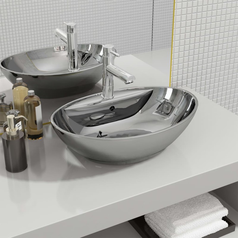 vidaXL Lavandino con Troppopieno 58,5x39x21 cm in Ceramica Argento vidaXL Lavandino con Troppopieno 58,5x39x21 cm in Ceramica Argento