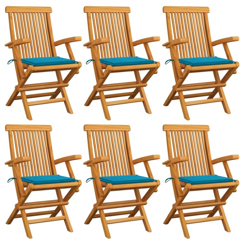 Sedie da Giardino con Cuscini Blu 6 pz in Massello di Teak Sedie da Giardino con Cuscini Blu 6 pz in Massello di Teak