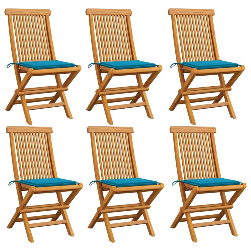 Sedie da Giardino con Cuscini Blu 6 pz in Massello di Teak Sedie da Giardino con Cuscini Blu 6 pz in Massello di Teak