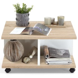 FMD Tavolino da Caffè con Ruote 70x70x36 cm Rovere e Bianco Lucido
