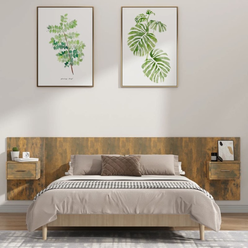 Testiera Letto con Comodini in Legno Multistrato Rovere Fumo Testiera Letto con Comodini in Legno Multistrato Rovere Fumo