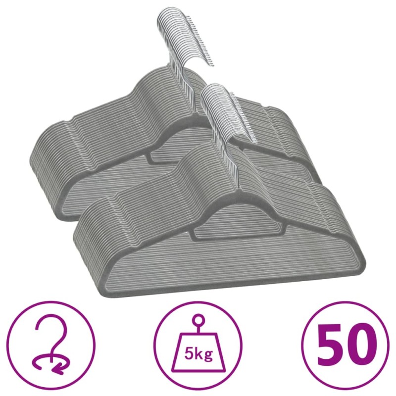 vidaXL Set Appendiabiti 50 pz Antiscivolo Grigio in Velluto vidaXL Set Appendiabiti 50 pz Antiscivolo Grigio in Velluto