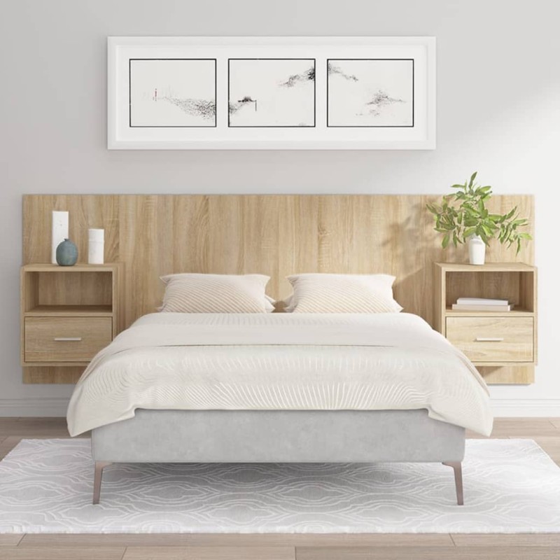 Testiera Letto con Comodini in Legno Multistrato Rovere Sonoma Testiera Letto con Comodini in Legno Multistrato Rovere Sonoma