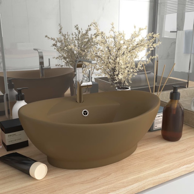 vidaXL Lavandino con Troppopieno Ovale Crema Opaco 58,5x39cm Ceramica vidaXL Lavandino con Troppopieno Ovale Crema Opaco 58,5x39cm Ceramica