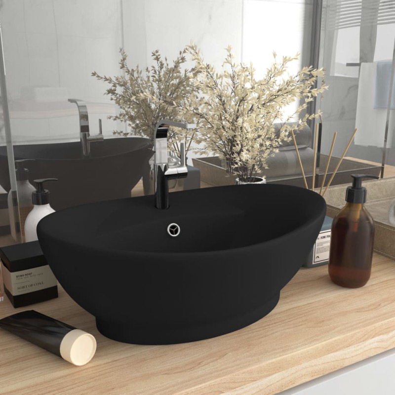 vidaXL Lavandino con Troppopieno Ovale Nero Opaco 58,5x39cm Ceramica vidaXL Lavandino con Troppopieno Ovale Nero Opaco 58,5x39cm Ceramica