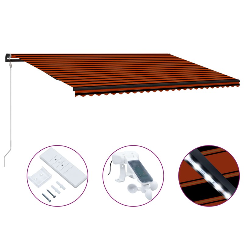 vidaXL Tenda da Sole Retrattile Sensore LED 600x300cm Arancio Marrone vidaXL Tenda da Sole Retrattile Sensore LED 600x300cm Arancio Marrone