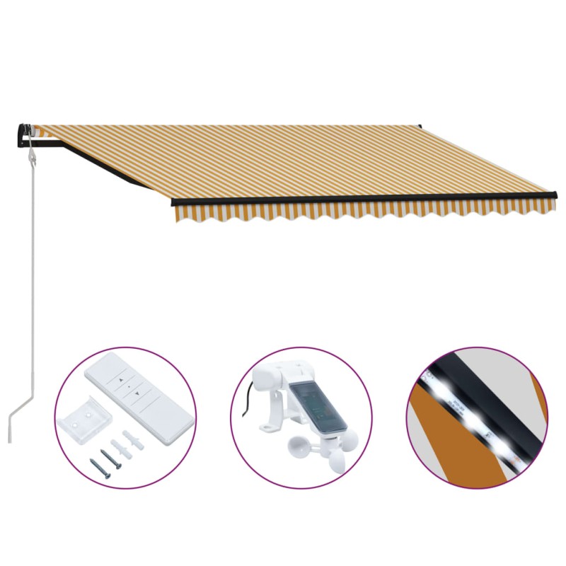 vidaXL Tenda da Sole Retrattile Sensore e LED 400x300 cm Giallo Bianco vidaXL Tenda da Sole Retrattile Sensore e LED 400x300 cm Giallo Bianco