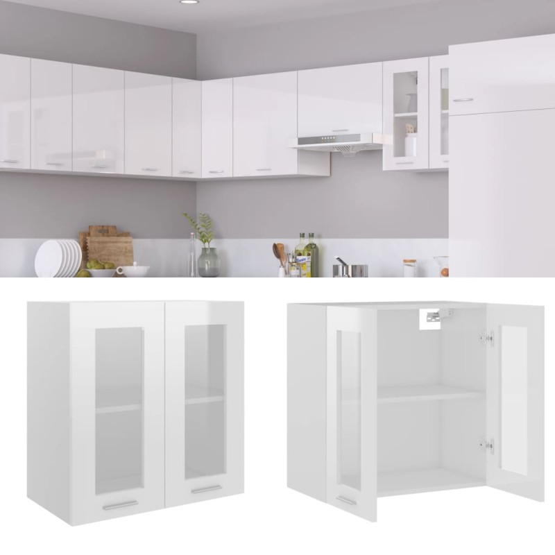 vidaXL Armadio Sospeso con Vetro Bianco Lucido 60x31x60 cm Truciolato vidaXL Armadio Sospeso con Vetro Bianco Lucido 60x31x60 cm Truciolato