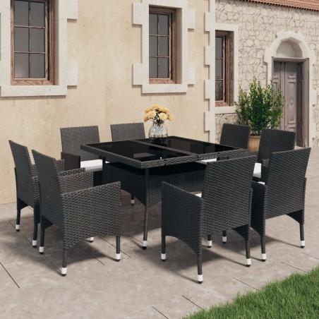vidaXL Set Mobili da Pranzo per Giardino 9 pz Polyrattan e Vetro Nero 