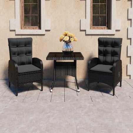 vidaXL Set Mobili da Pranzo per Giardino 3 pz Polyrattan e Vetro Nero