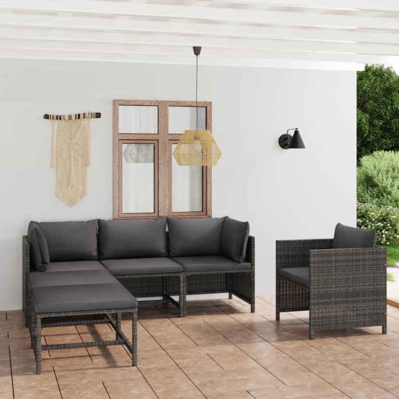 vidaXL Set Divani da Giardino 6 pz con Cuscini in Polyrattan Grigio vidaXL Set Divani da Giardino 6 pz con Cuscini in Polyrattan Grigio