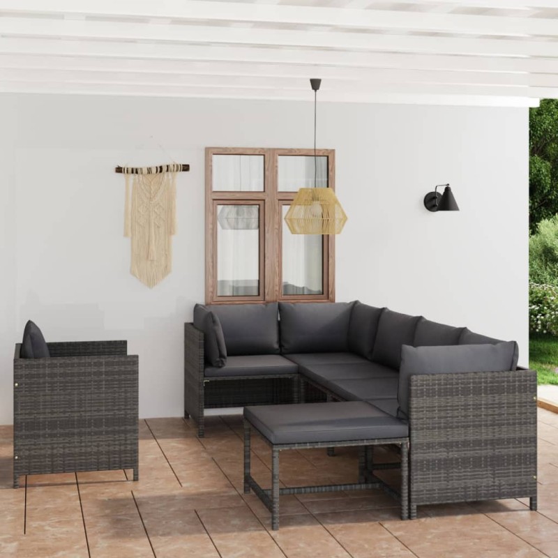 vidaXL Set Divani da Giardino 7 pz con Cuscini in Polyrattan Grigio vidaXL Set Divani da Giardino 7 pz con Cuscini in Polyrattan Grigio