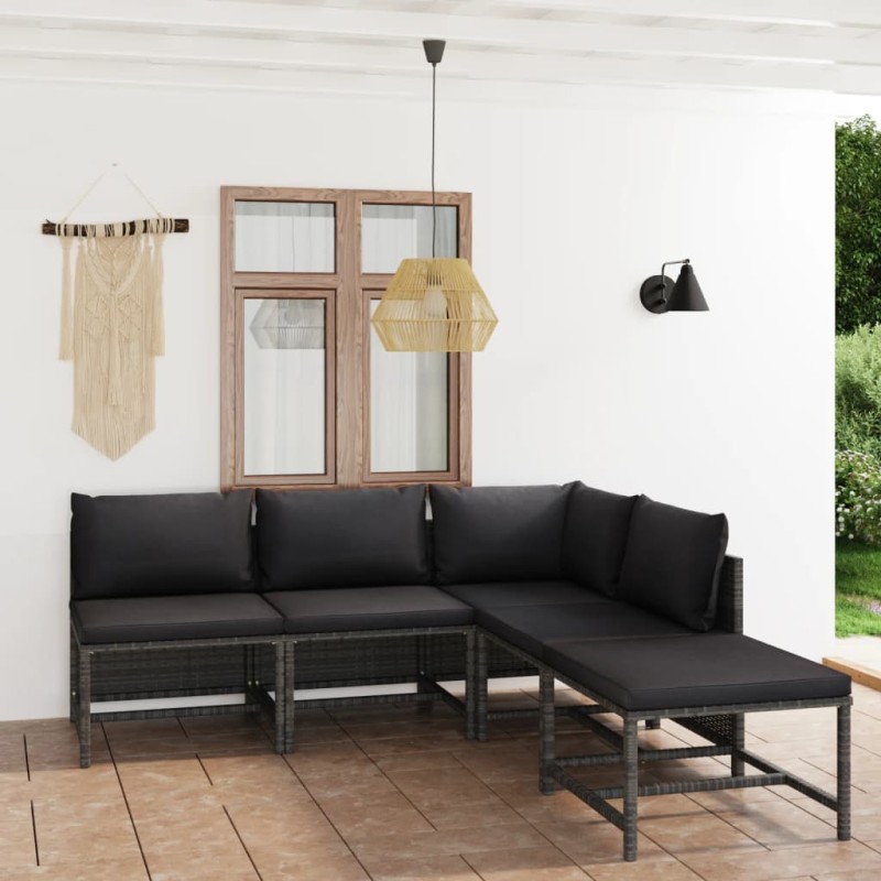 vidaXL Set Divani da Giardino 5 pz con Cuscini in Polyrattan Grigio vidaXL Set Divani da Giardino 5 pz con Cuscini in Polyrattan Grigio