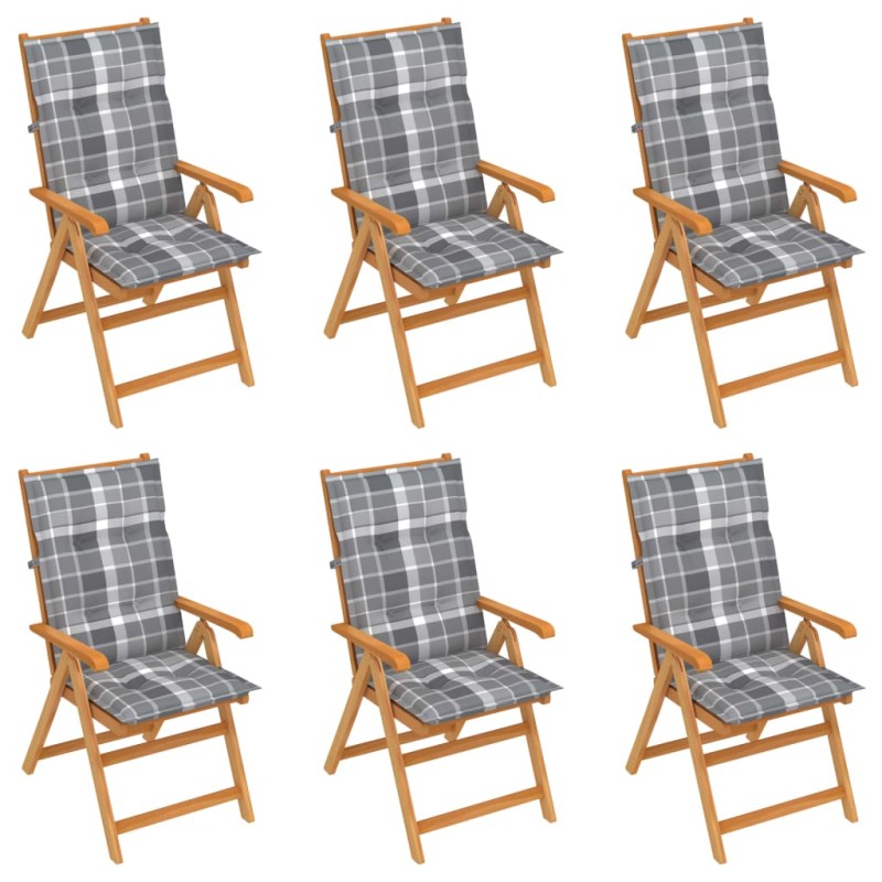 Sedie Giardino 6 pz con Cuscini Grigi a Quadri Massello di Teak Sedie Giardino 6 pz con Cuscini Grigi a Quadri Massello di Teak