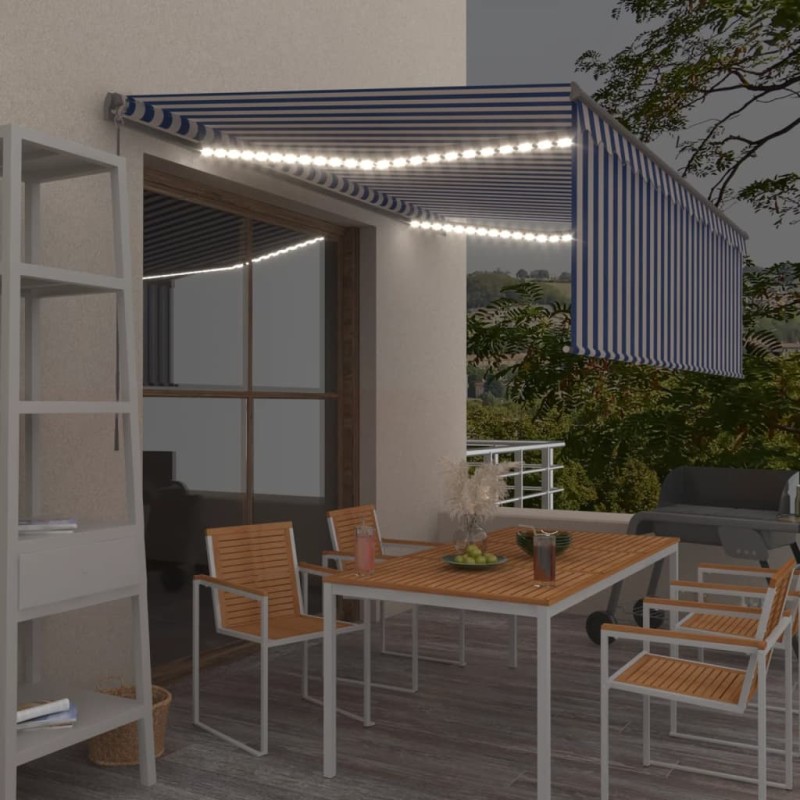 Tenda da Sole Retrattile con Parasole e LED 4,5x3m Blu e Bianca Tenda da Sole Retrattile con Parasole e LED 4,5x3m Blu e Bianca