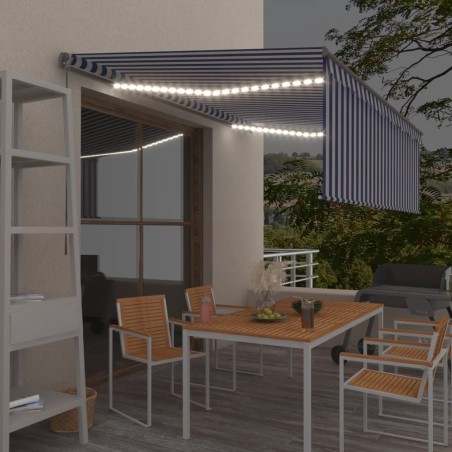 Tenda da Sole Retrattile con Parasole e LED 4,5x3m Blu e Bianca