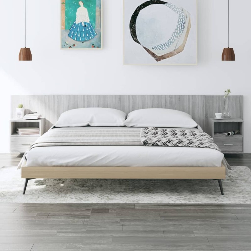 Testiera Letto con Comodini in Legno Multistrato Grigio Sonoma Testiera Letto con Comodini in Legno Multistrato Grigio Sonoma