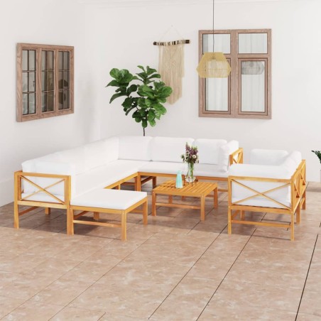 vidaXL Set Divani Giardino 10 pz Cuscini Crema Legno Massello di Teak