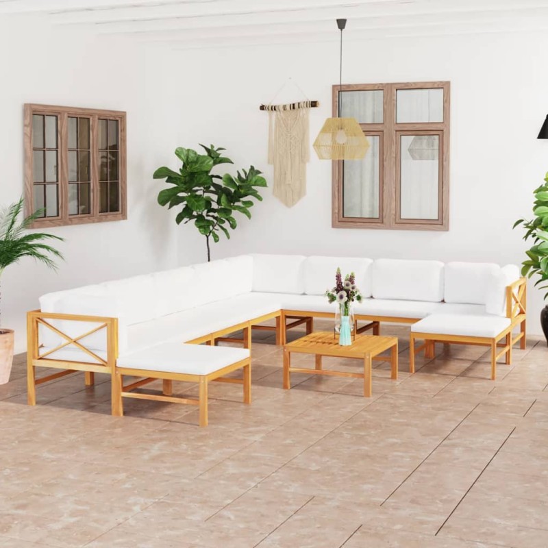 vidaXL Set Divani Giardino 11 pz Cuscini Crema Legno Massello di Teak vidaXL Set Divani Giardino 11 pz Cuscini Crema Legno Massello di Teak