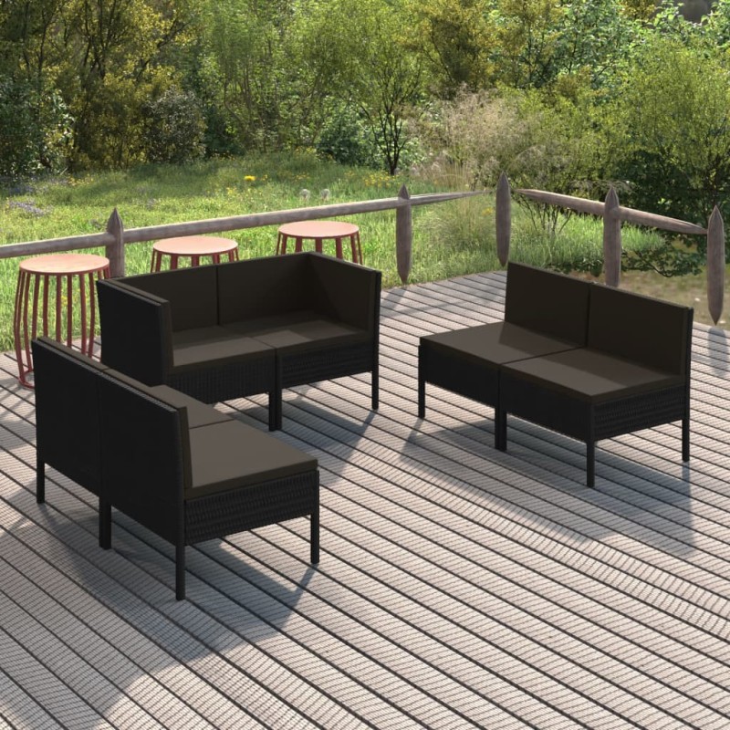 vidaXL Set Divani da Giardino 6 pz con Cuscini in Polyrattan Nero vidaXL Set Divani da Giardino 6 pz con Cuscini in Polyrattan Nero