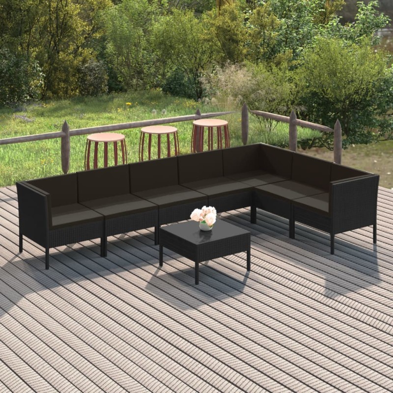 vidaXL Set Divani da Giardino 8 pz con Cuscini in Polyrattan Nero vidaXL Set Divani da Giardino 8 pz con Cuscini in Polyrattan Nero