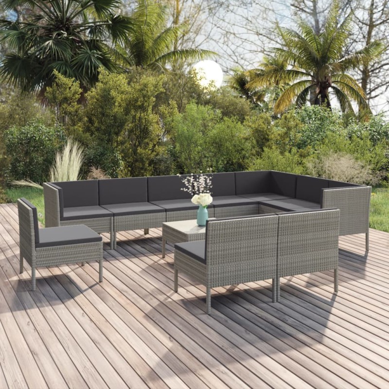 vidaXL Set Divani da Giardino 11 pz con Cuscini in Polyrattan Grigio vidaXL Set Divani da Giardino 11 pz con Cuscini in Polyrattan Grigio
