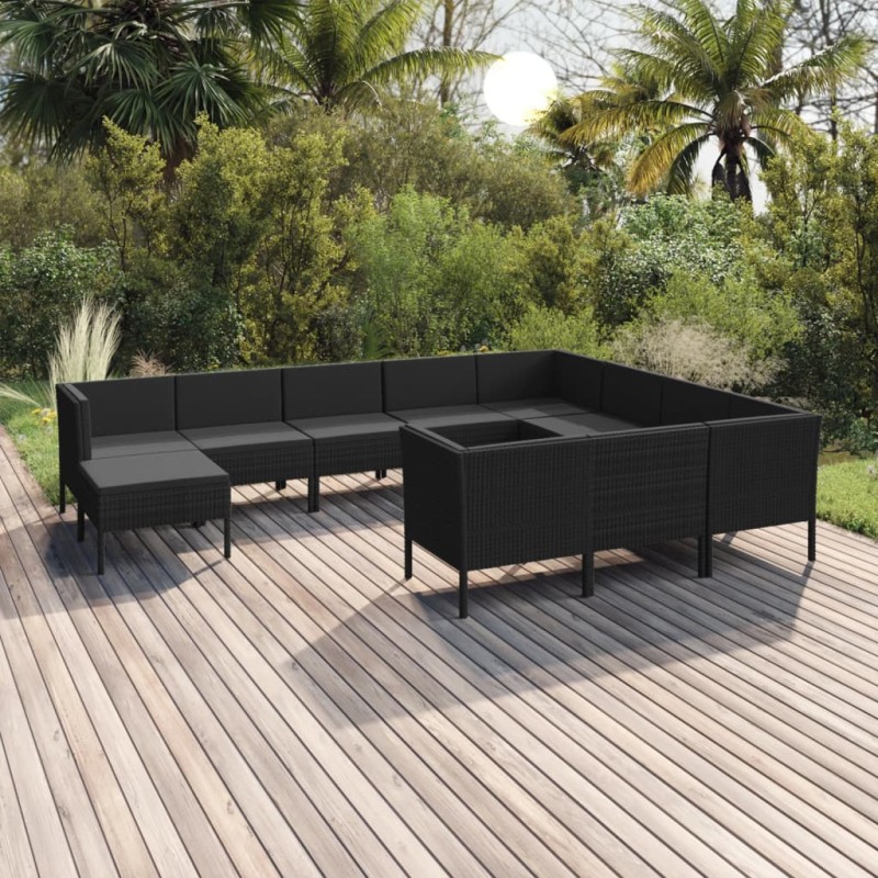 vidaXL Set Divani da Giardino 11 pz con Cuscini in Polyrattan Nero vidaXL Set Divani da Giardino 11 pz con Cuscini in Polyrattan Nero