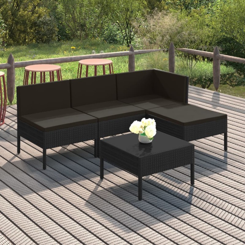 vidaXL Set Divani da Giardino 5 pz con Cuscini in Polyrattan Nero