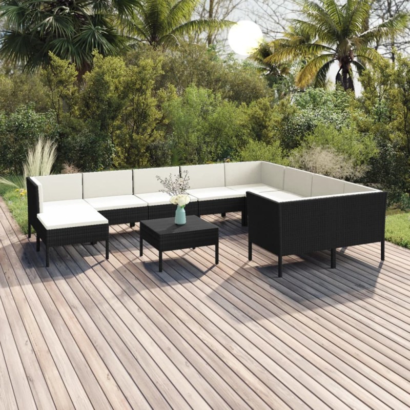 vidaXL Set Divani da Giardino 11 pz con Cuscini in Polyrattan Nero vidaXL Set Divani da Giardino 11 pz con Cuscini in Polyrattan Nero