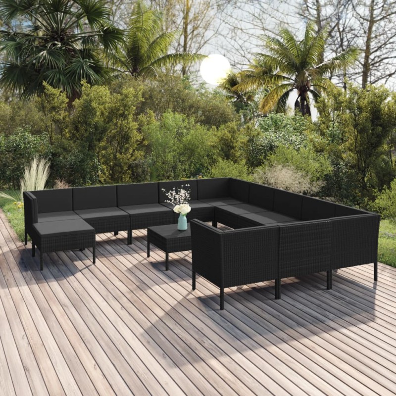 vidaXL Set Divani da Giardino 13 pz con Cuscini in Polyrattan Nero vidaXL Set Divani da Giardino 13 pz con Cuscini in Polyrattan Nero