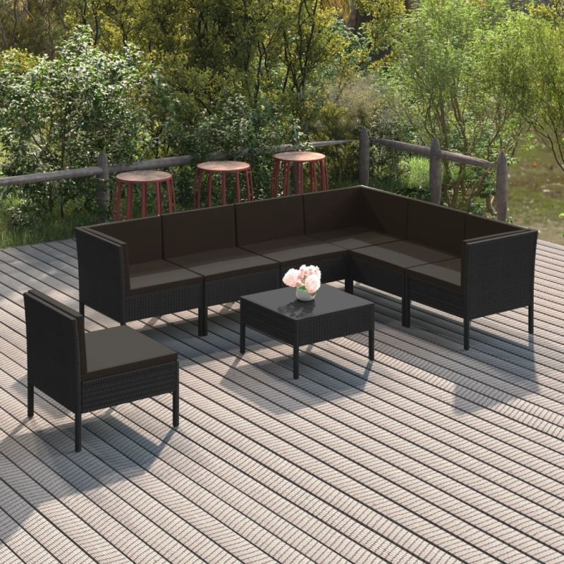 vidaXL Set Divani da Giardino 8 pz con Cuscini in Polyrattan Nero vidaXL Set Divani da Giardino 8 pz con Cuscini in Polyrattan Nero