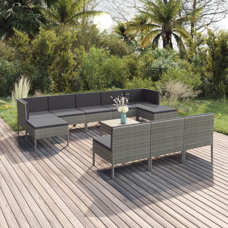 vidaXL Set Divani da Giardino 11 pz con Cuscini in Polyrattan Grigio vidaXL Set Divani da Giardino 11 pz con Cuscini in Polyrattan Grigio