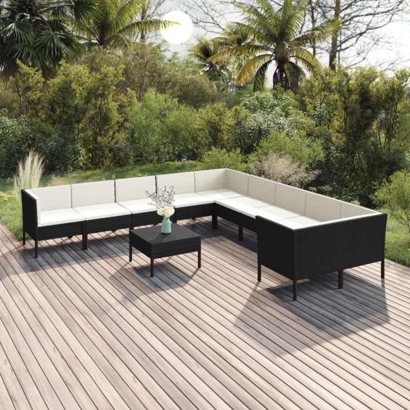 vidaXL Set Divani da Giardino 11 pz con Cuscini in Polyrattan Nero vidaXL Set Divani da Giardino 11 pz con Cuscini in Polyrattan Nero