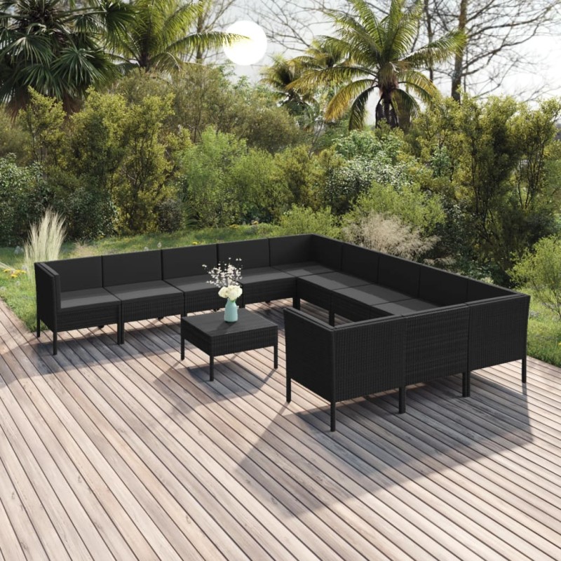 vidaXL Set Divani da Giardino 12 pz con Cuscini in Polyrattan Nero vidaXL Set Divani da Giardino 12 pz con Cuscini in Polyrattan Nero