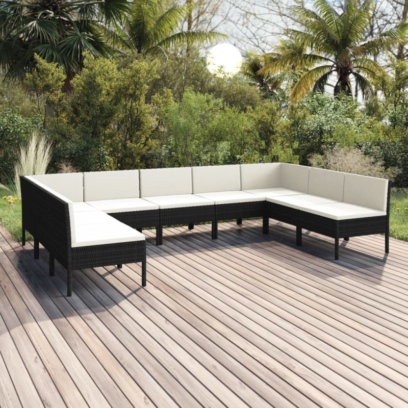 vidaXL Set Divani da Giardino 9 pz con Cuscini in Polyrattan Nero vidaXL Set Divani da Giardino 9 pz con Cuscini in Polyrattan Nero