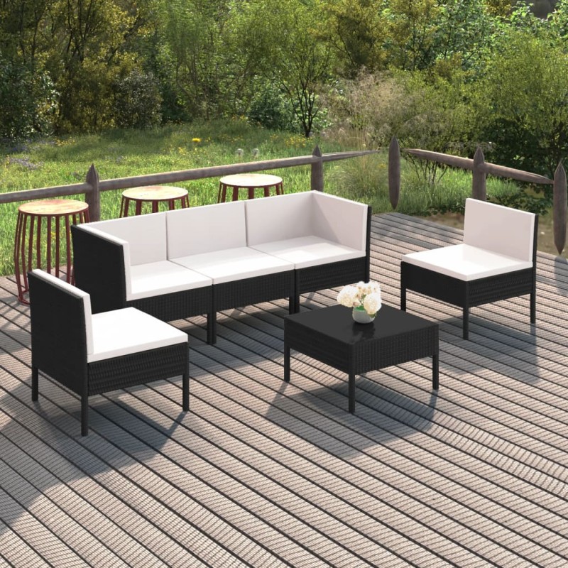 vidaXL Set Divani da Giardino 6 pz con Cuscini in Polyrattan Nero vidaXL Set Divani da Giardino 6 pz con Cuscini in Polyrattan Nero