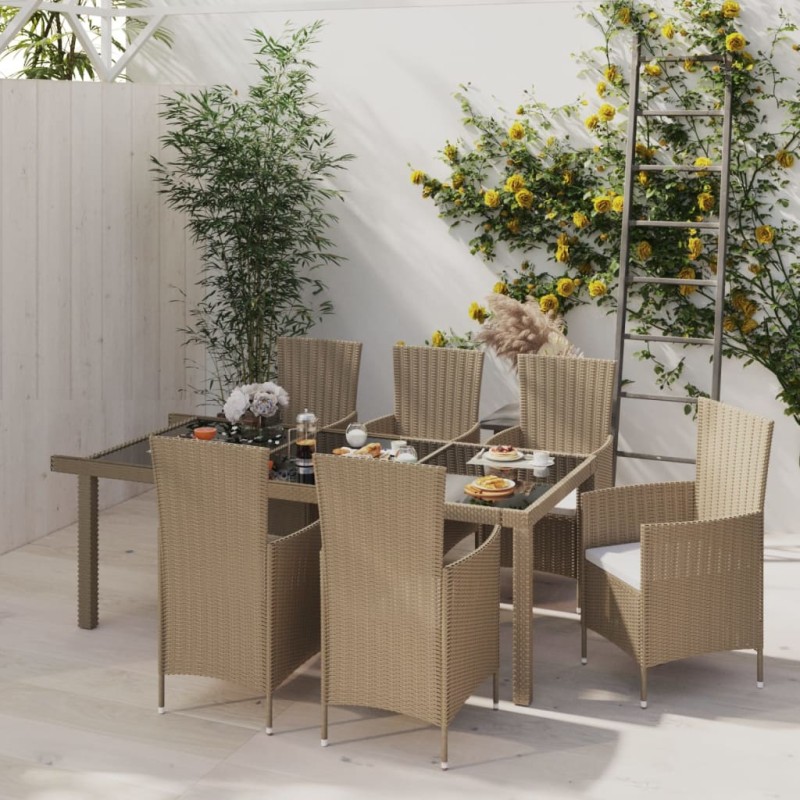 vidaXL Set Mobili da Pranzo Giardino 7 pz con Cuscini Polyrattan Beige vidaXL Set Mobili da Pranzo Giardino 7 pz con Cuscini Polyrattan Beige