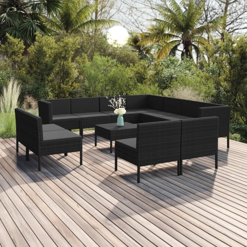 vidaXL Set Divani da Giardino 12 pz con Cuscini in Polyrattan Nero vidaXL Set Divani da Giardino 12 pz con Cuscini in Polyrattan Nero