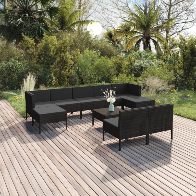 vidaXL Set Divani da Giardino 10 pz con Cuscini in Polyrattan Nero vidaXL Set Divani da Giardino 10 pz con Cuscini in Polyrattan Nero