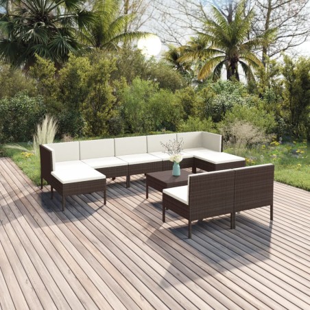 vidaXL Set Divani da Giardino 10 pz con Cuscini in Polyrattan Marrone