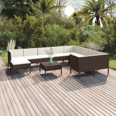 vidaXL Set Divani da Giardino 11 pz con Cuscini in Polyrattan Marrone