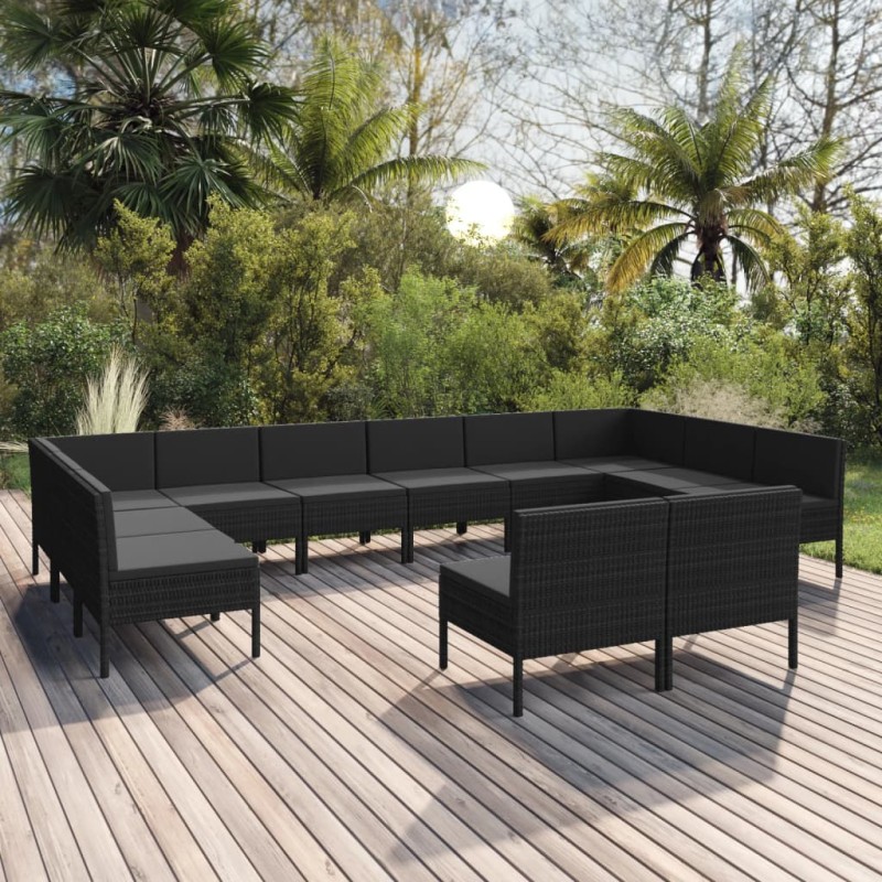 vidaXL Set Divani da Giardino 12 pz con Cuscini in Polyrattan Nero vidaXL Set Divani da Giardino 12 pz con Cuscini in Polyrattan Nero