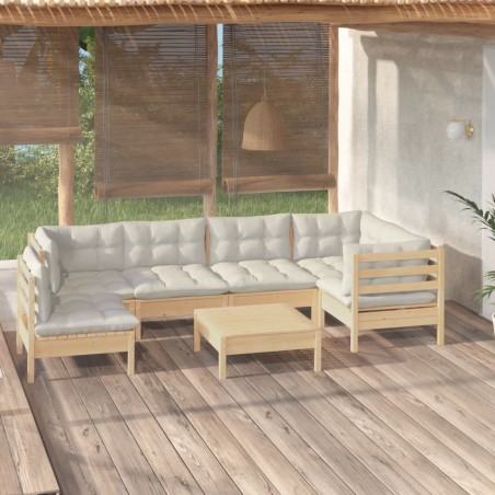 vidaXL Set Divani da Giardino 7 pz con Cuscini Crema in Massello di Pino