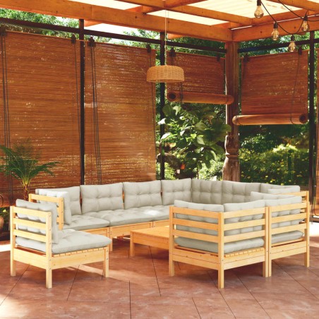 vidaXL Set Divani da Giardino 10 pz con Cuscini Crema Massello di Pino