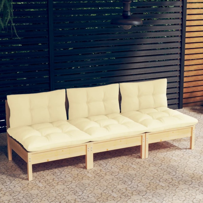 vidaXL Divano da Giardino a 3 Posti con Cuscini Crema Massello di Pino vidaXL Divano da Giardino a 3 Posti con Cuscini Crema Massello di Pino